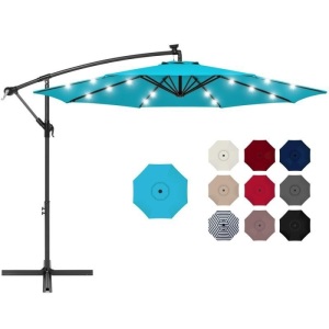 10ft Solar LED Offset Hanging Patio Umbrella w/ Crank Tilt Adjustment. Appears New 