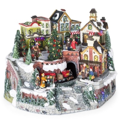 12in Pre-Lit Hand-Painted Tabletop Christmas Village Set w/ Rotating Train. Appears New