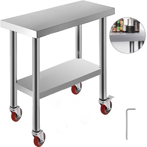 VEVOR 30x12x34 in Stainless Steel Commercial Food Prep Table in 3-Stage Adjustable Shelf w/ 4 Wheels w/ Locking Brakes. Appears New w/ Minor Cosmetic Damage