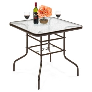 32in Square Tempered Glass Patio Dining Bistro Table w/ Umbrella Hole. Appears New 