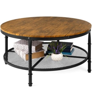 2-Tier 35.5" Round Industrial Wood & Steel Coffee Table, Storage Shelves.