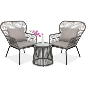 3-Piece Patio Wicker Conversation Bistro Set w/ 2 Chairs, Table, Cushions. E-Commerce Return. Appears New 