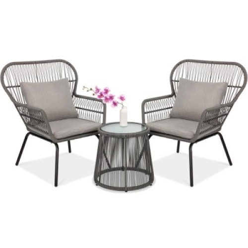 3-Piece Patio Wicker Conversation Bistro Set w/ 2 Chairs, Table, Cushions. E-Commerce Return. Appears New&nbsp;