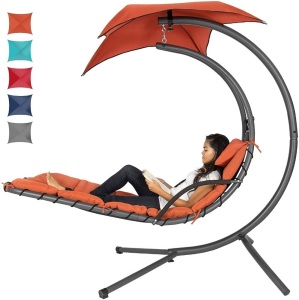 Outdoor Hanging Curved Steel Chaise Lounge Chair Swing w/Built-in Pillow and Removable Canopy  