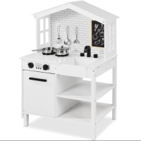 Kids Farmhouse Play Kitchen w/ Chalkboard, Storage Shelves, 5 Accessories&nbsp;