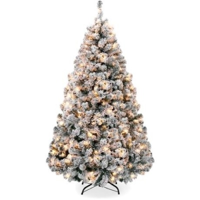 Pre-Lit Snow Flocked Artificial Pine Christmas Tree w/ Warm White Lights - 6ft