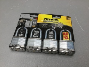 (1) Pack of 4 Master Lock Magnum Series Locks. (1) Key is Broken. Appear New 