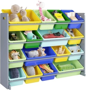 Homfa Kid's Toy Storage Organizer w/ 16 Plastic Bins, 4 Tiers for Kids Bedroom/Playroom, Grey Frame w/ Multicolored Bins. Appears New 