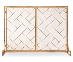 2-Panel Wrought Iron Geometric Fireplace Screen w/ Magnetic Doors - 44x33in, Appears New