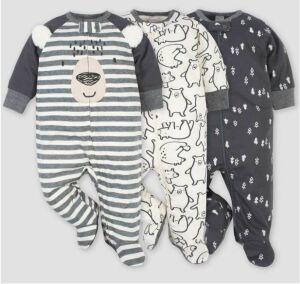 Case of (24) Gerber Baby Boys' Bear Zip-Front Sleep N' Play, 3 Pack, Newborn Size 