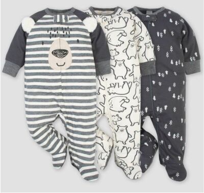 Case of (24) Gerber Baby Boys' Bear Zip-Front Sleep N' Play, 3 Pack, Newborn Size 