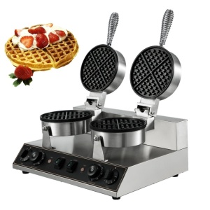 Double-head Commercial Round Waffle Maker Machine Nonstick Temp & Time Control. Appears New