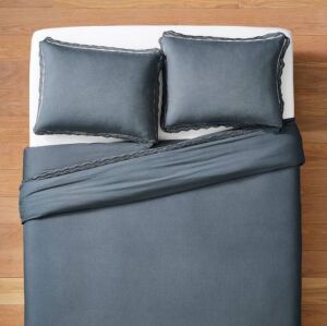 Case of (3) Lace Border Cotton Slub Duvet & Sham Set, Slate Blue, California King 