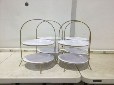 Case of (4) Tiered Display Trays with White Plates 