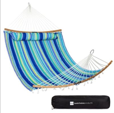 2-Person Quilted Portable Hammock w/ Curved Bamboo Spreader Bar, Carry Bag