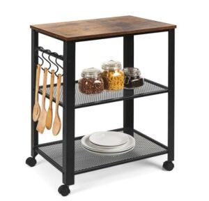 3-Tier Microwave Cart Rolling Utility Serving Cart w/ 2 Shelves, 4 Hooks, Ecommerce Return