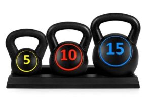 3-Piece Kettlebell Exercise Fitness Weight Set w/ Storage Rack, Appears New, Box Damaged