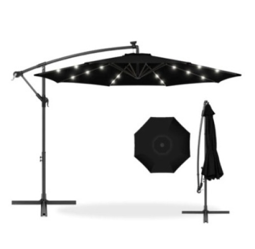 Solar LED Offset Hanging Patio Umbrella w/ Crank Tilt Adjustment,&nbsp;10ft, Black