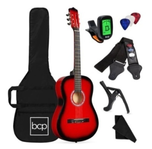 Beginner Acoustic Guitar Set w/ Case, Strap, Digital Tuner, Strings,&nbsp;38in, Red Burst