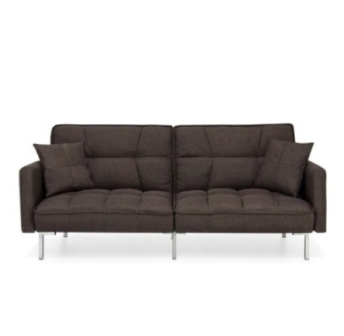 Convertible Linen Tufted Futon w/ 2 Plush Pillows, Split-Back Design, Brown