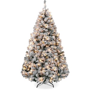 Pre-Lit Snow Flocked Artificial Pine Christmas Tree w/ Warm White Lights - 6ft