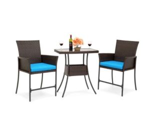 3-Piece Patio Wicker Bistro Set with Glass Top, Brown