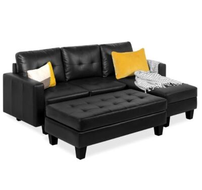 L-Shape Customizable Faux Leather Sofa Set w/ Ottoman Bench