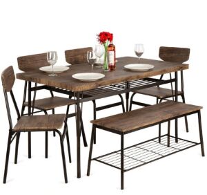 6-Piece Modern Dining Set w/ Storage Racks, Table, Bench, 4 Chairs - 55in