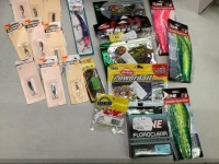 Lot of (20) Misc. Fishing Lures and Supplies, Ecommerce Return, Lid on tackle box cracked