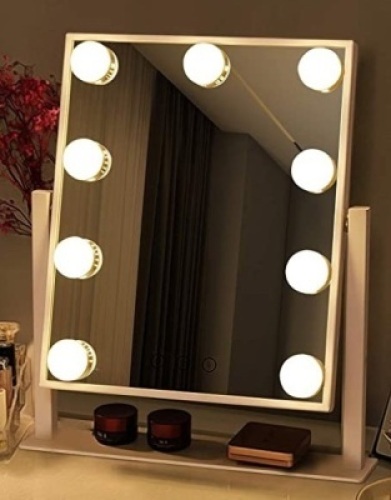 Qaliff (9) Bulb,&nbsp;Lighted Makeup Mirror w/ White Frame. Appears New.&nbsp;