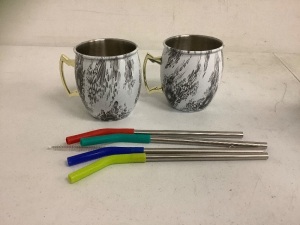 Pair of Mugs w/ Stainless Steel Straws, Appears New