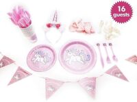 Lot of (2) 76pc Party-In-A-Box Unicorn Birthday Kit in Pink with Tableware, Banner, Balloons and Unicorn Headband, 16 Guests - Appear New