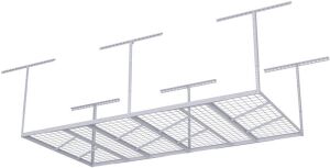 FLEXIMOUNTS Pro 4x8 Overhead Adjustable Ceiling Garage Storage Rack Heavy Duty 800lbs Weight Capacity, 96" Length x 48" Width x 22"-40" Ceiling Dropdown, White