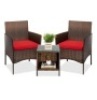 3-Piece Outdoor Patio Wicker Bistro Set w/ Side Storage Table, Brown/Red, Appears New