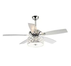 Huber 52 in. Indoor Chrome Downrod Mount Crystal Chandelier Ceiling Fan With Light and Remote Control