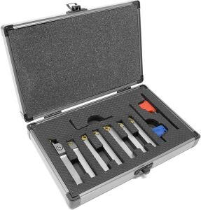 WEN MLA007 Premium 5/16-Inch Nickel-Plated Indexable Carbide-Tipped Metal Lathe Tool Bits, 7-Piece Set with Storage Case