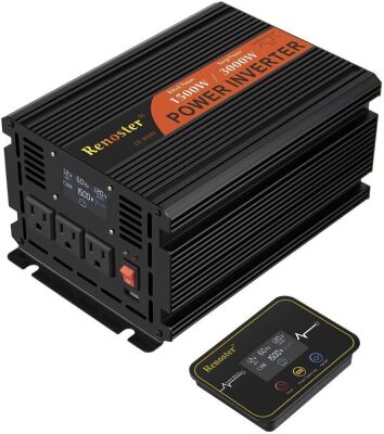 Renoster 1500W Power Inverter DC 12V to AC 120V with LCD Display Wireless Rechargeable Remote Control, Modified Sine Wave Car Power Converter with 3 AC Outlets 2.1A USB
