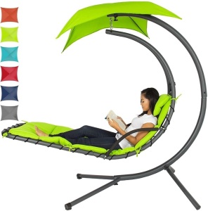 Outdoor Hanging Curved Steel Chaise Lounge Chair Swing w/Built-in Pillow and Removable Canopy, Green. Appears New. $265 Retail Value