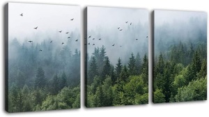 Green Forest Wall Art Tropical Virgin Forest Mountain Bird Contemporary Canvas PIctures Modern Artwork Framed for Bathroom Bedroom Nursery Living Room Home 