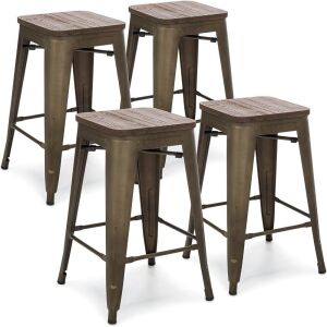 24in Metal Industrial Distressed Bar Counter Stools w/Wooden Seat Top, Set of 4, Copper