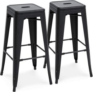 30in Metal Modern Industrial Bar Stools w/Drainage Holes for Indoor/Outdoor, Set of 2, Matte Black