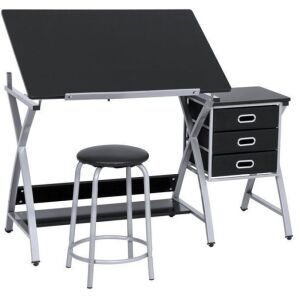 Adjustable Office Drawing Desk Station Drafting Table Set w/ Stool