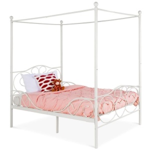 Classic 4-Post Metal Canopy Twin Bed Frame w/ Heart Scroll Design. Appears New (mattress not included)