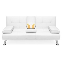 Faux Leather Upholstered Convertible Sofa Bed Futon w/ 2 Cupholders. Appears New