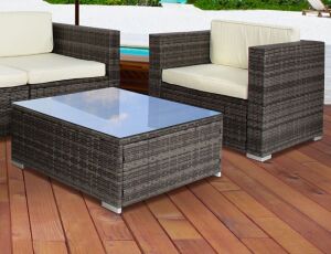 Outdoor Patio Wicker Side Chair & Glass Top Coffee Table, Grey 