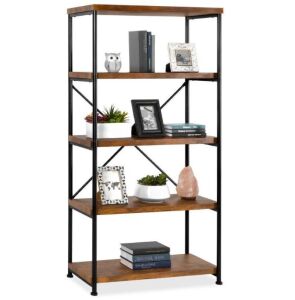 5-Tier Industrial Bookshelf w/ Metal Frame, Wood Shelves