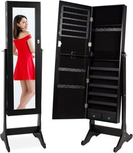 Lockable Jewelry Storage Organizer Cabinet w/ Velvet Interior, 3 Angle Adjustments 