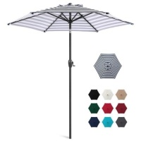 7.5ft Outdoor Market Patio Umbrella w/ Push Button Tilt, Crank Lift - Navy Stripe. Appears New