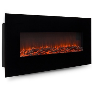 50in Indoor Electric Wall Mounted Fireplace Heater w/ Adjustable Heating, Metal-Glass Frame - Black. Appears New