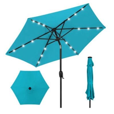 Outdoor Solar Patio Umbrella w/ Push Button Tilt, Crank Lift - 7.5ft, Appears New